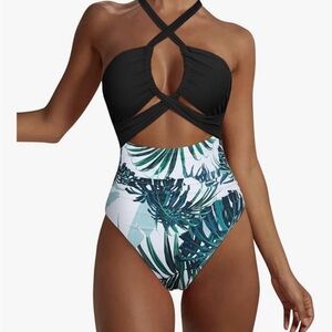 Tropical Elegance Black and Green Women's One-Piece Swimsuit